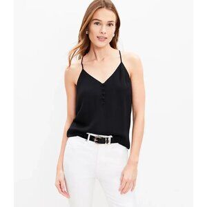 LOFT Covered Button Strappy Cami Size XS Petite Solid Black Polyester Lined Chic